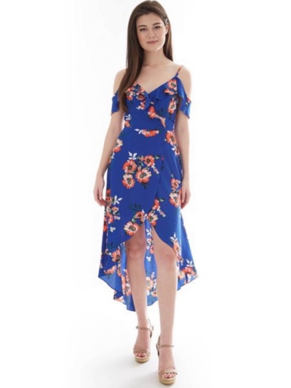 by & by Royal Blue Floral Cold-Shoulder High-Low Dress